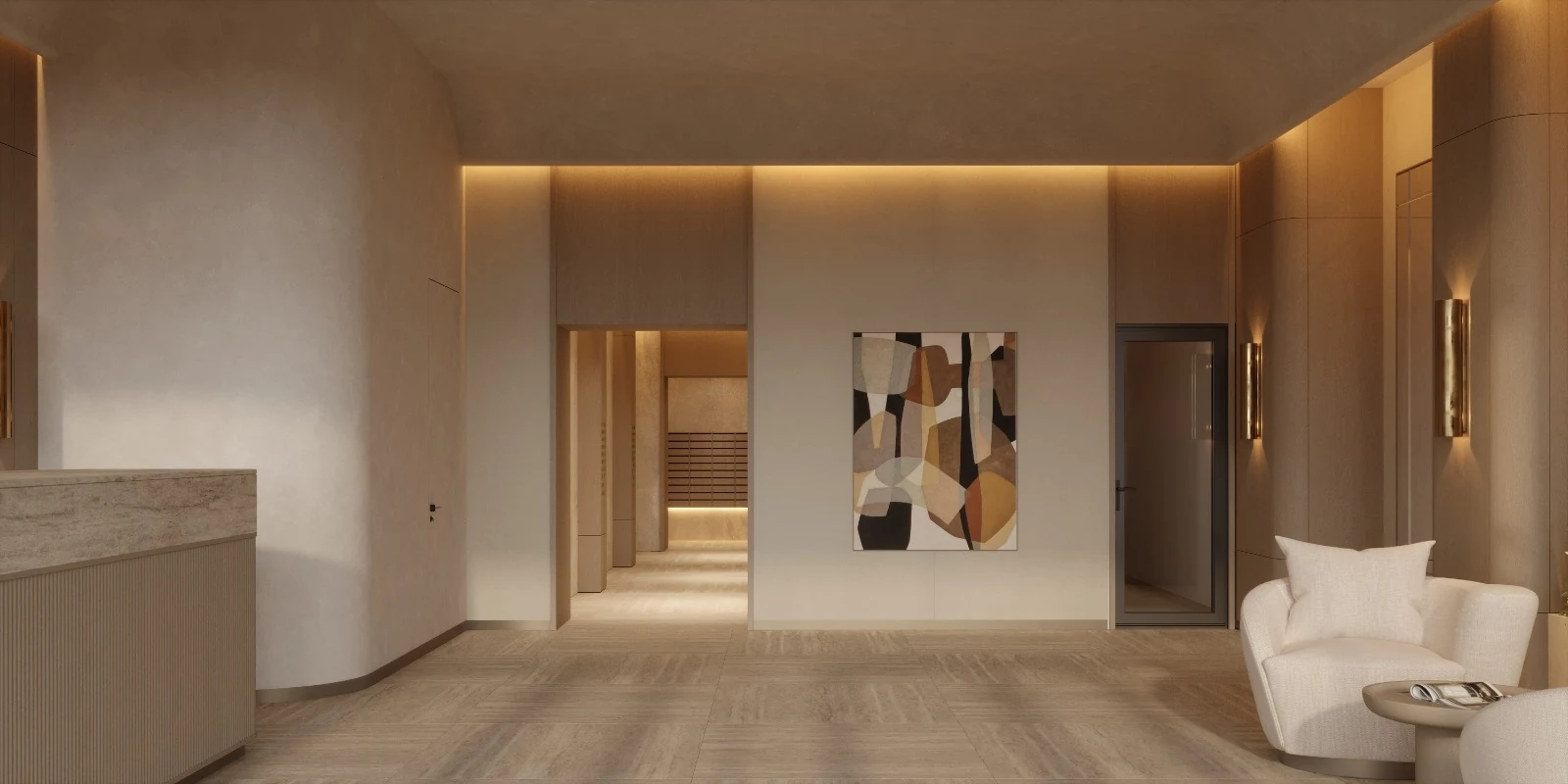 Studiu de design al lobby-ului Helios, cu piatră deschisă și mobilier în tonuri calde